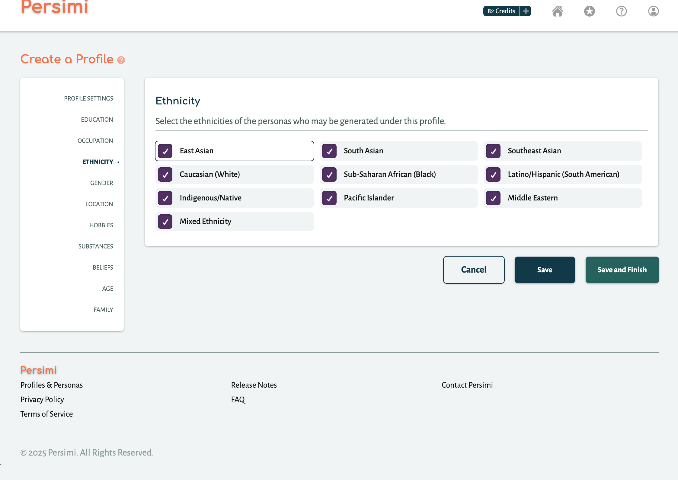 Screenshot of the Ethnicity selection page